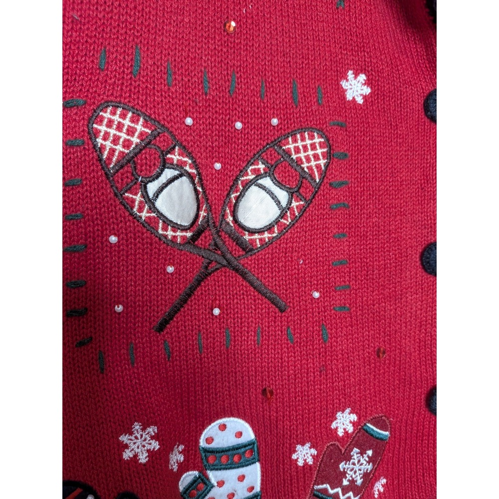 Vtg Granny Core Embroidered Cardigan Sweater Size Large Red Winter Chunky Knit - Picture 5 of 11